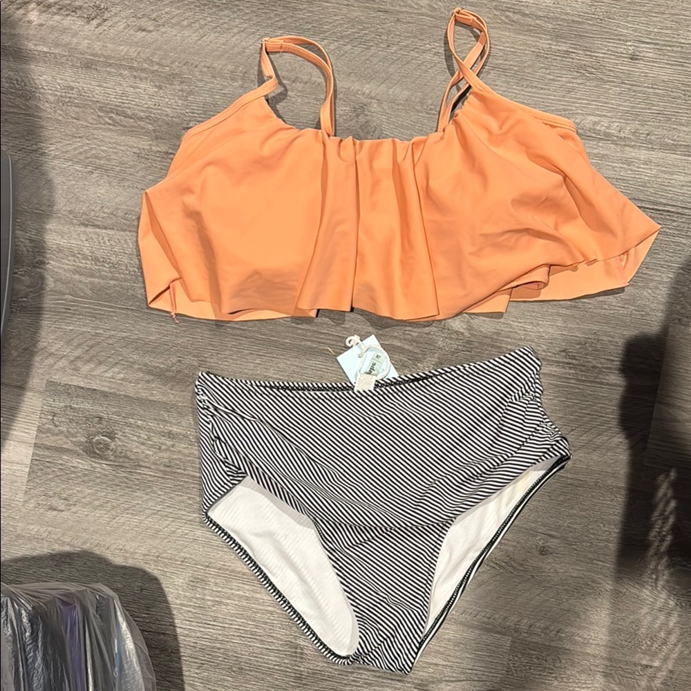 Cupshe Coral Top with Black Striped Bottoms. Two Piece Swimsuit